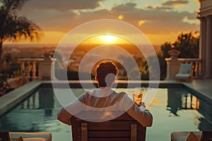 AI-generated illustration of a man sitting in a chair, enjoying the sunset over a pool