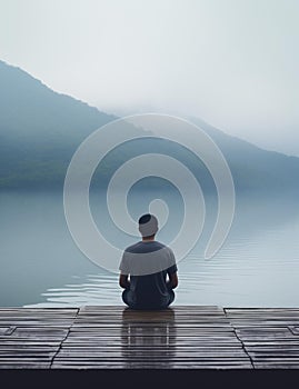 AI generated illustration of a man sitting on a pier overlooking a tranquil lake