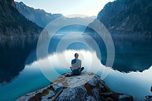 AI generated illustration of a man sitting on rock, gazing at mountain range