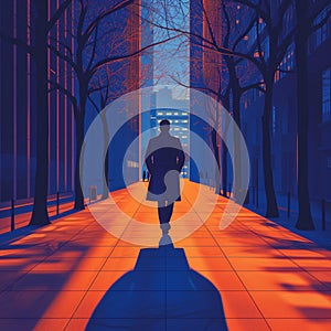 AI generated illustration of a man strolling down a city alley at sunset amid trees and buildings