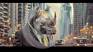 AI generated illustration of a man in urban setting wears rhino mask