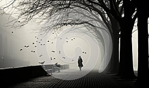 AI generated illustration of a man walking on a foggy street in grayscale