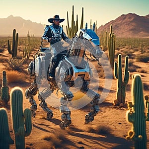 AI generated illustration of a man wearing a cowboy hat and riding robotic a horse