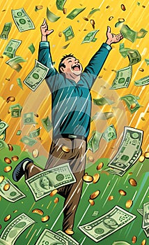 AI generated illustration of a man winning jackpot of lottery under raining money