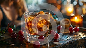 AI generated illustration of a Manhattan cocktail garnished with fresh, juicy slices of orange