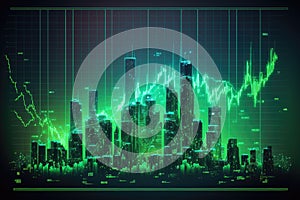 AI generated illustration of a market digital graph chart on a green city background