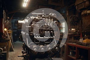 AI generated illustration of a mechanical engine in a garage, with various tools and parts
