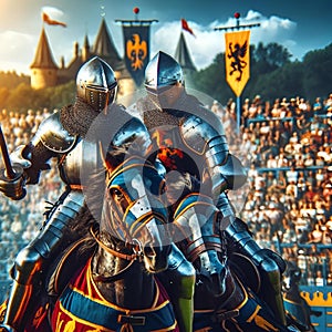 AI generated illustration of medieval knights dressed in full armor in front of a crowd