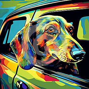 AI generated illustration of A medium-sized dog sitting inside a car in vibrant colors
