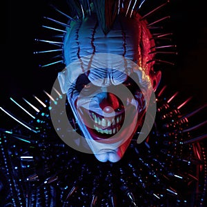 AI generated illustration of a menacing clown with a sinister, wide grin