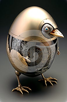 AI generated illustration of a metal egg sculpture with chick beak and legs