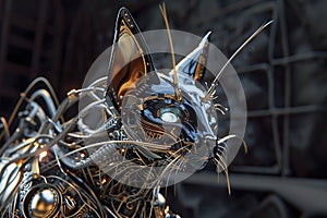 AI generated illustration of a metal sculpture of a cat with a strikingly unique head