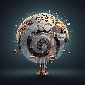 AI generated illustration of a metallic brain surrounded by electrical circuits and cords