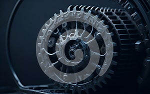 AI generated illustration of a metallic gear wheel on a dark background