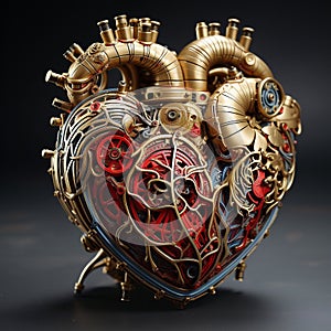 AI generated illustration of a metallic mechanical heart with intricate cogs on a dark backdrop