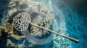 AI generated illustration of a metallic object atop a large, smooth rock under the sea