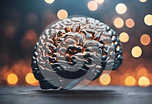 AI generated illustration of a metallic sculpture of a human brain resting on a solid surface