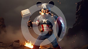 mickey mouse in a costume holds an avengers shield and holds it's thor hammer photo