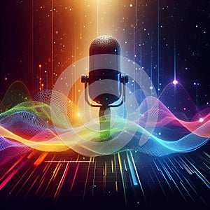 AI generated illustration of a microphone with vibrant multicolored waves radiating outward