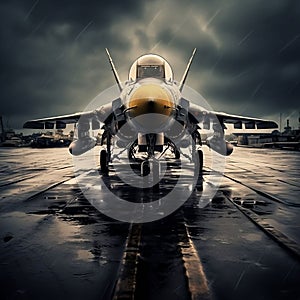 AI generated illustration of a military fighter jet  parked on a wet airstrip on a cloudy day