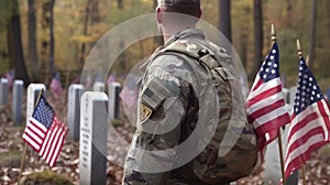 AI generated illustration of a military man standing in a cemetery with American flags