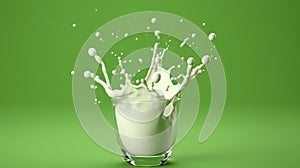 AI generated illustration of milk splashing out from a glass cup on a green backdrop