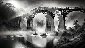 AI generated illustration of a misty bridge over a river with water in the foreground