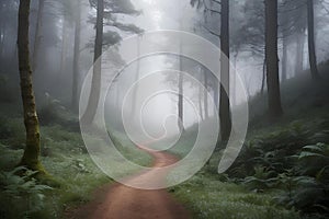 AI generated illustration of a misty path through the forest