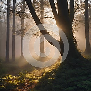 AI generated illustration of a misty sunset in a forest with an oak tree