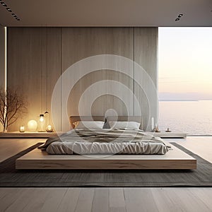 AI generated illustration of a modern bedroom with hardwood flooring and a wood platform bed