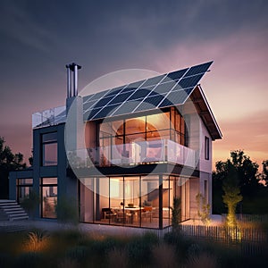 AI-generated illustration of a modern building with solar panel roofing at sunset.