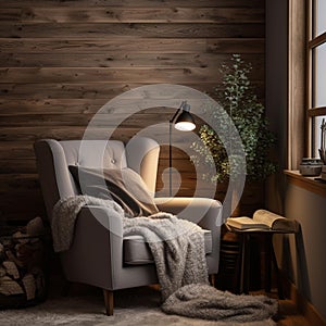 AI generated illustration of a modern, cozy armchair with blankets at a lit lamp