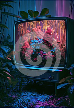 AI generated illustration of a modern flat screen TV in a lush tropical setting