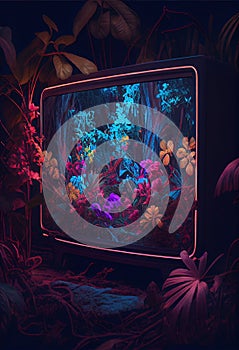 AI generated illustration of a modern flat screen TV in a lush tropical setting