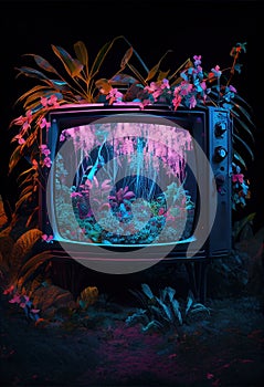 AI generated illustration of a modern flat screen TV in a lush tropical setting