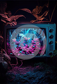 AI generated illustration of a modern flat screen TV in a lush tropical setting