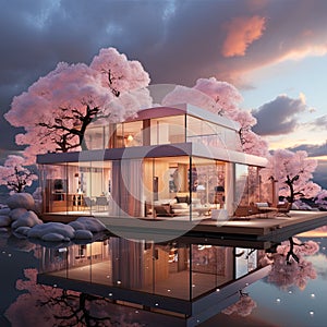 AI generated illustration of a modern house exterior with a pool