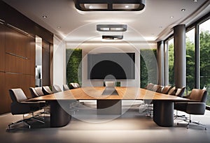 AI generated illustration of a modern interior design of an office with a big table and chairs