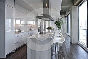 AI generated illustration of a modern kitchen features white cabinetry and countertops