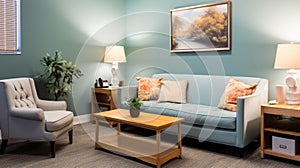 AI generated illustration of A modern living room featuring light-colored walls and furniture.