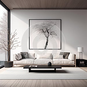 AI generated illustration of a modern living room interior with a luxurious white leather couch