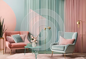 AI generated illustration of a modern living room with pink and blue walls, blue chairs