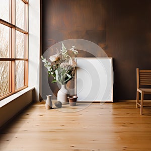 AI generated illustration of a modern room with a large square frame on the wall near a window