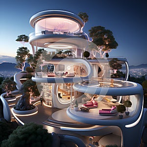 AI generated illustration of a modern spiral  living area with a futuristic design