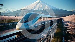 AI generated illustration of a modern train travelling along a track with a snow-capped mountain