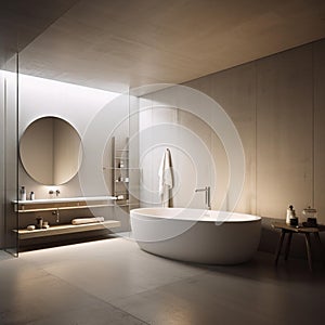 AI generated illustration of a modern white bathtub and vanity mirror in a contemporary bathroom