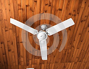AI generated illustration of a modern white fan on a wooden ceiling