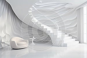 AI generated illustration of a modern white interior space with a curved staircase