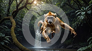 AI generated illustration of a monkey mid-jump in a lush jungle environment, in front of a waterfall