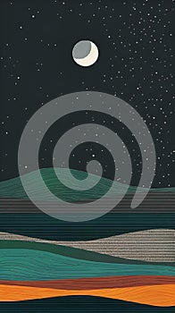 AI generated illustration of a moon glowing over desert hills with starry sky in background